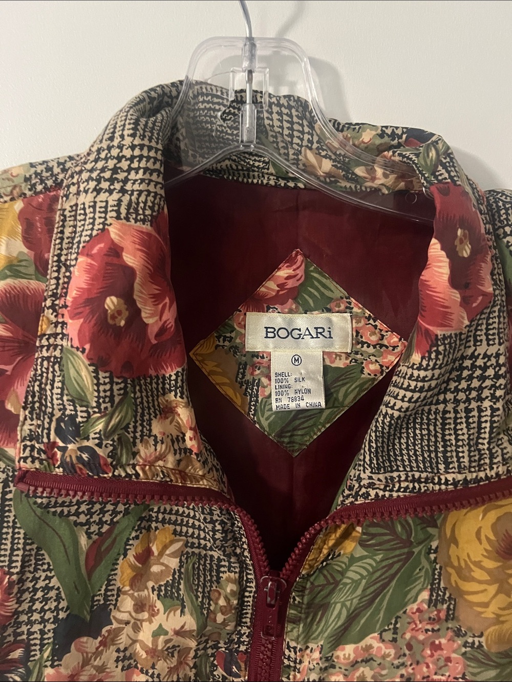 Vintage 90s Bogari Floral 100% Silk Zip Up Bomber Jacket Size Medium - Picture 2 of 8